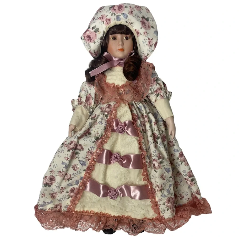 Vintage Victorian Porcelain Doll Floral Lace Cottage Core Flower Prairie Dress